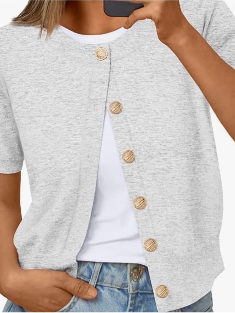 Light Gray Short-Sleeve Button Front Cardigan Sweater